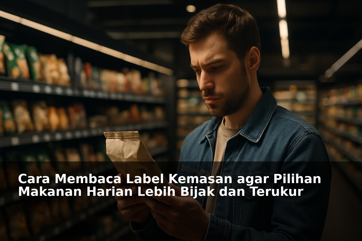 Ilustrasi seseorang membaca label kemasan makanan di supermarket