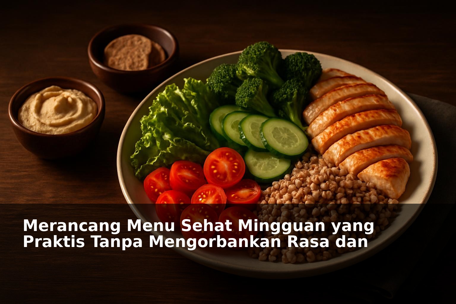 Piring makanan sehat dengan sayuran segar dan lauk praktis di meja kayu