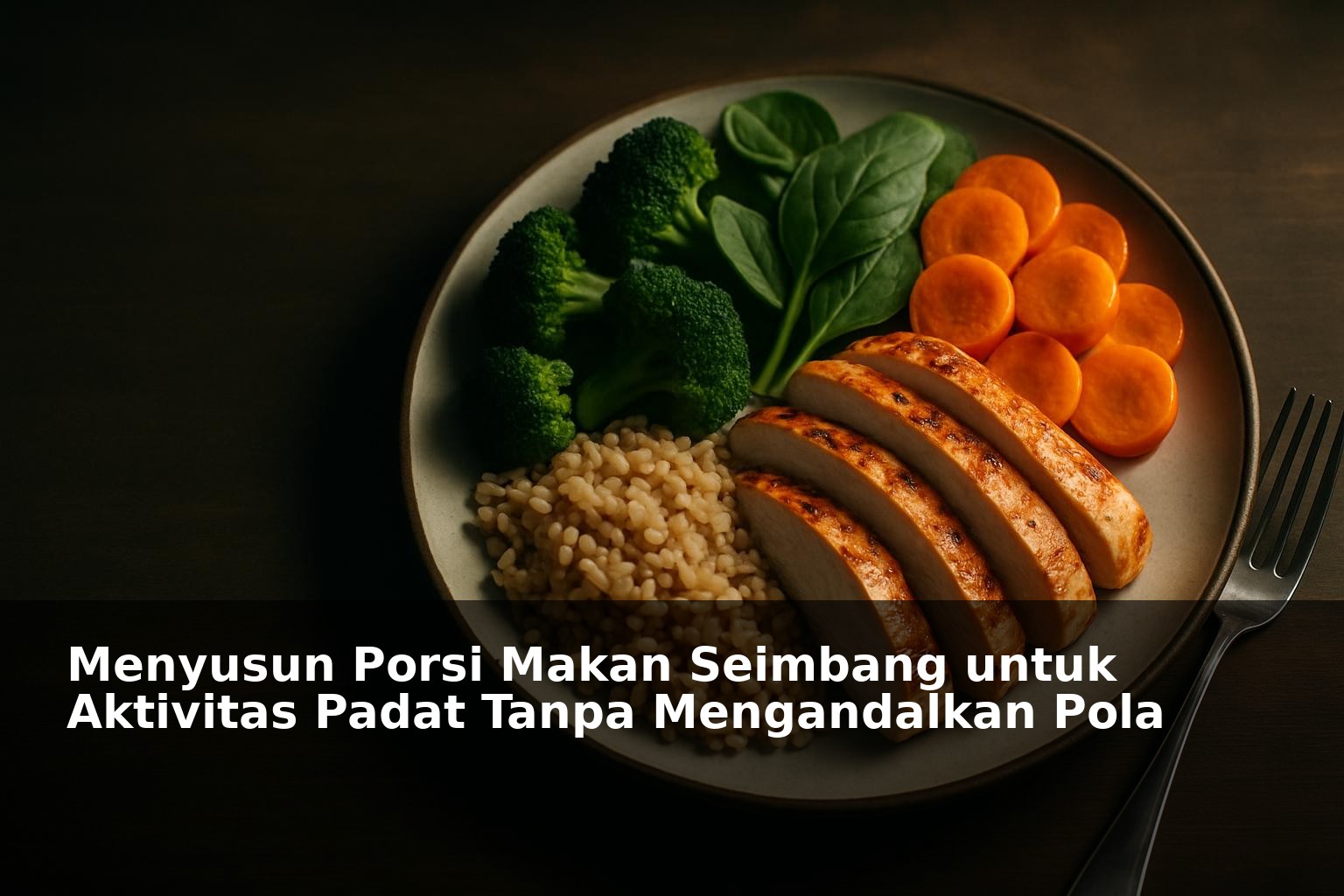 Piring dengan porsi makan seimbang berisi sayur, protein, dan karbohidrat untuk aktivitas padat