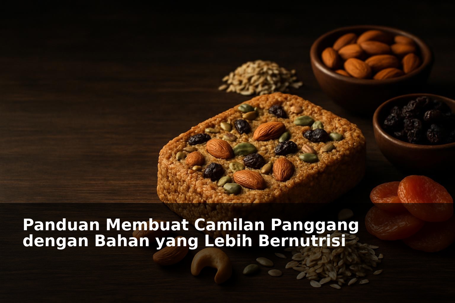 Camilan panggang sehat dengan bahan alami di atas meja kayu