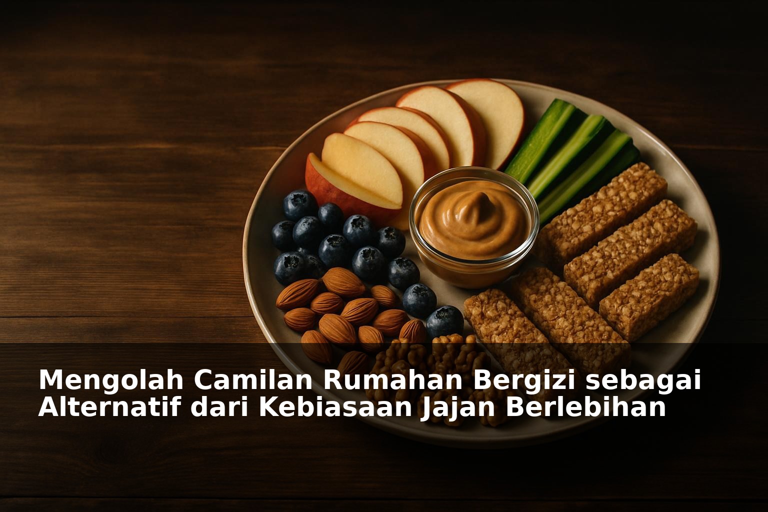 Camilan rumahan bergizi disajikan di piring dengan latar meja kayu