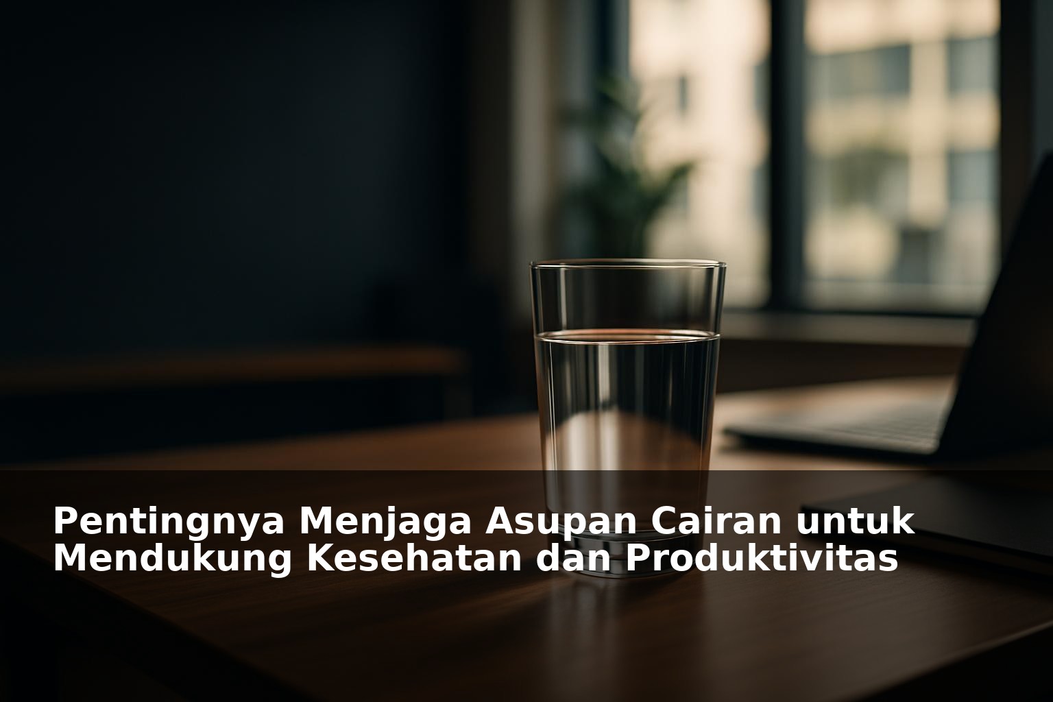 Ilustrasi gelas air putih segar dengan latar belakang meja kerja minimalis