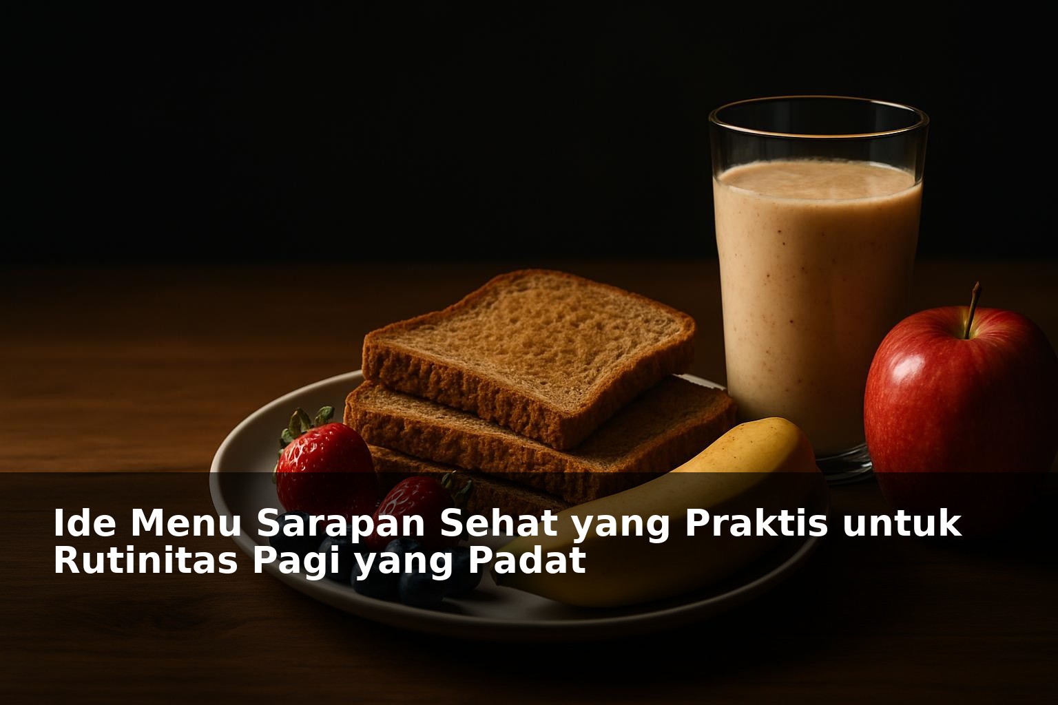 Sarapan sehat dan praktis di meja makan dengan buah dan roti panggang