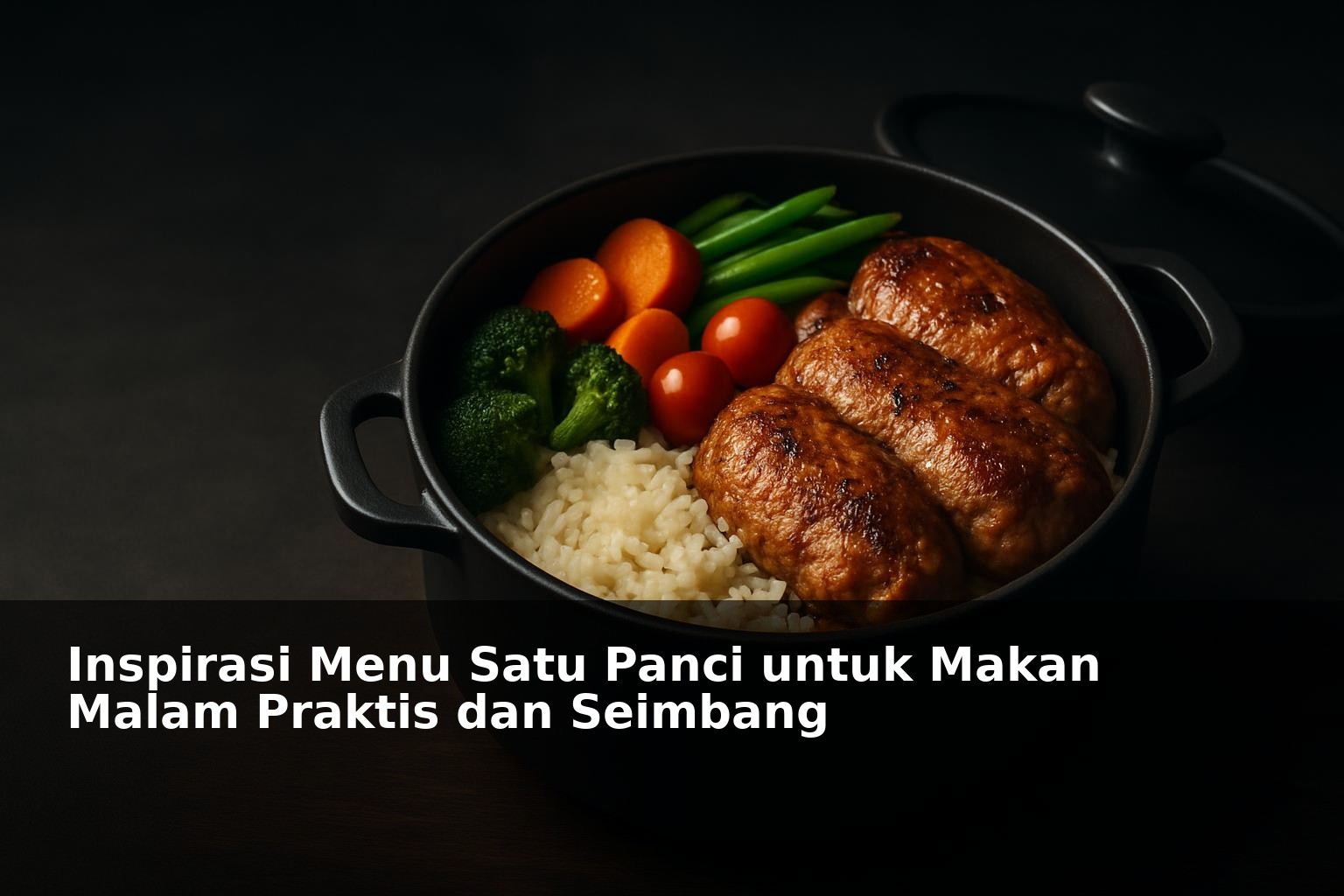 Piring hidangan satu panci dengan sayuran, daging, dan nasi lengkap