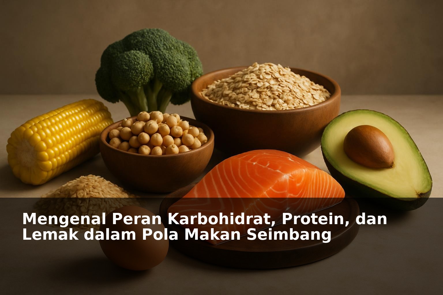Ilustrasi berbagai makanan sehat kaya karbohidrat, protein, dan lemak untuk pola makan seimbang