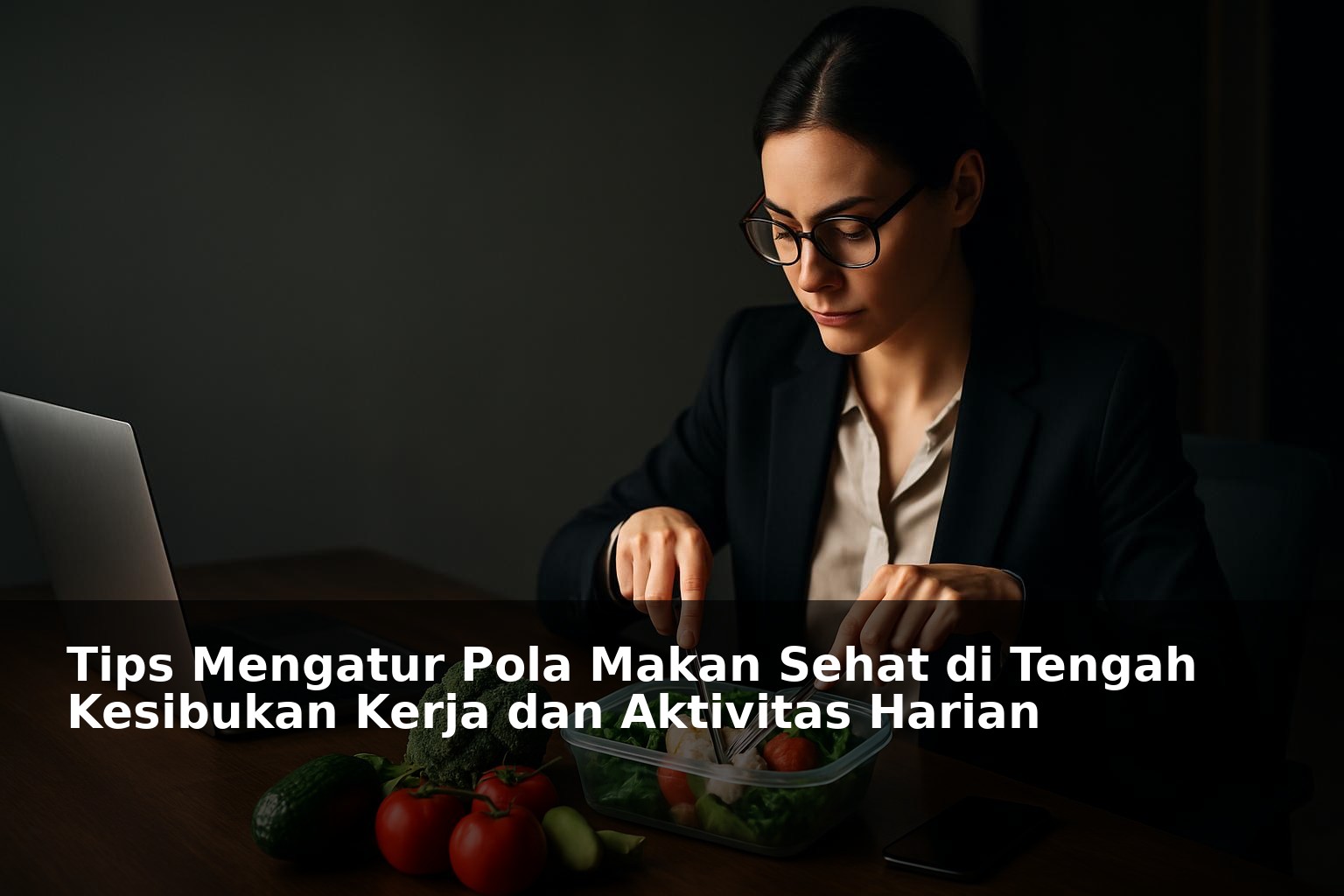 Orang sibuk mengatur makanan sehat di meja kerja dengan laptop dan sayuran segar