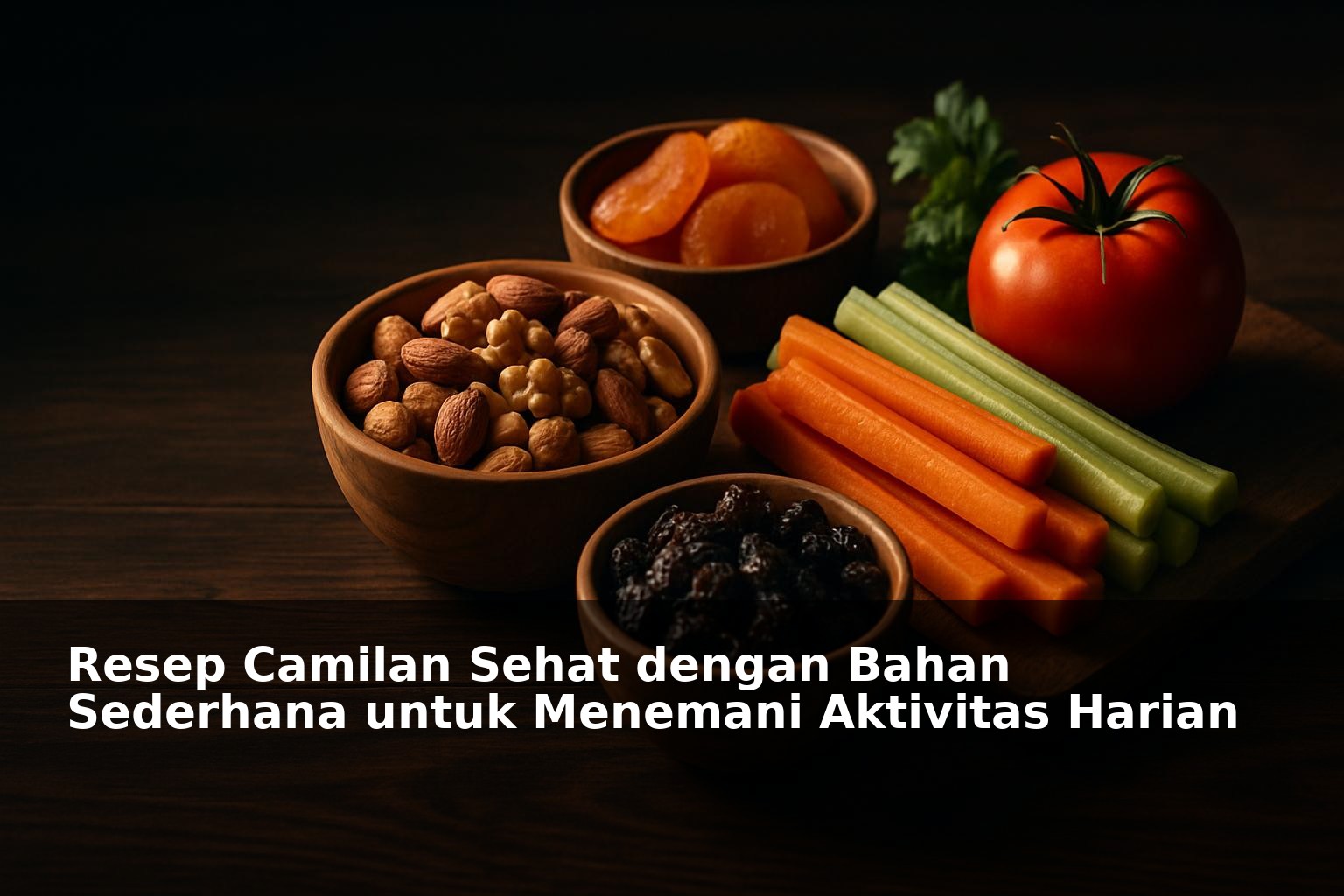 Camilan sehat dengan bahan sederhana di atas meja kayu dengan latar aktivitas harian