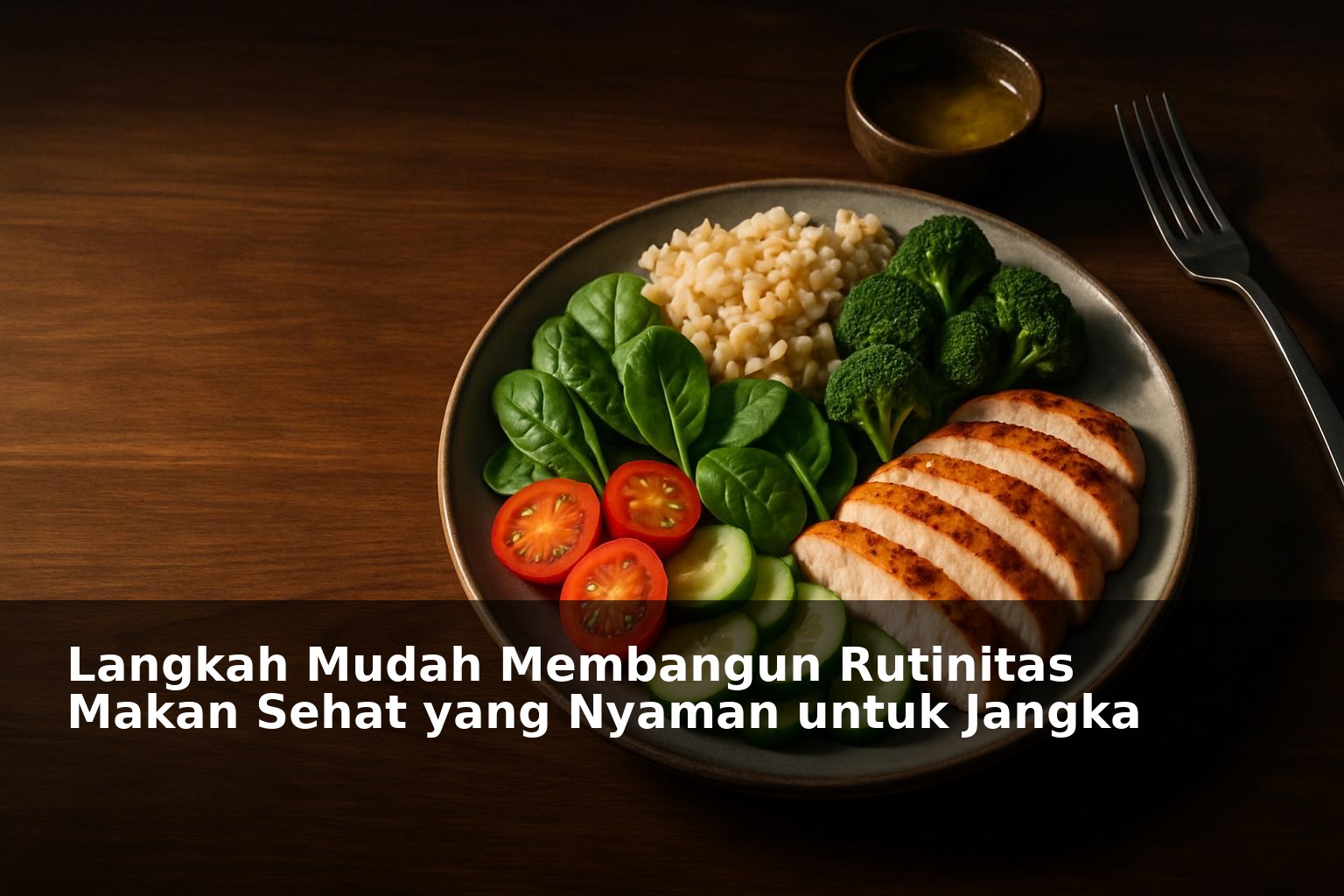 Ilustrasi makanan sehat tersusun rapi di atas meja kayu dengan suasana nyaman dan alami