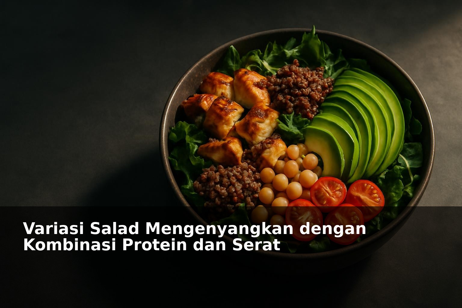 Salad segar dengan paduan protein dan serat dalam mangkuk putih
