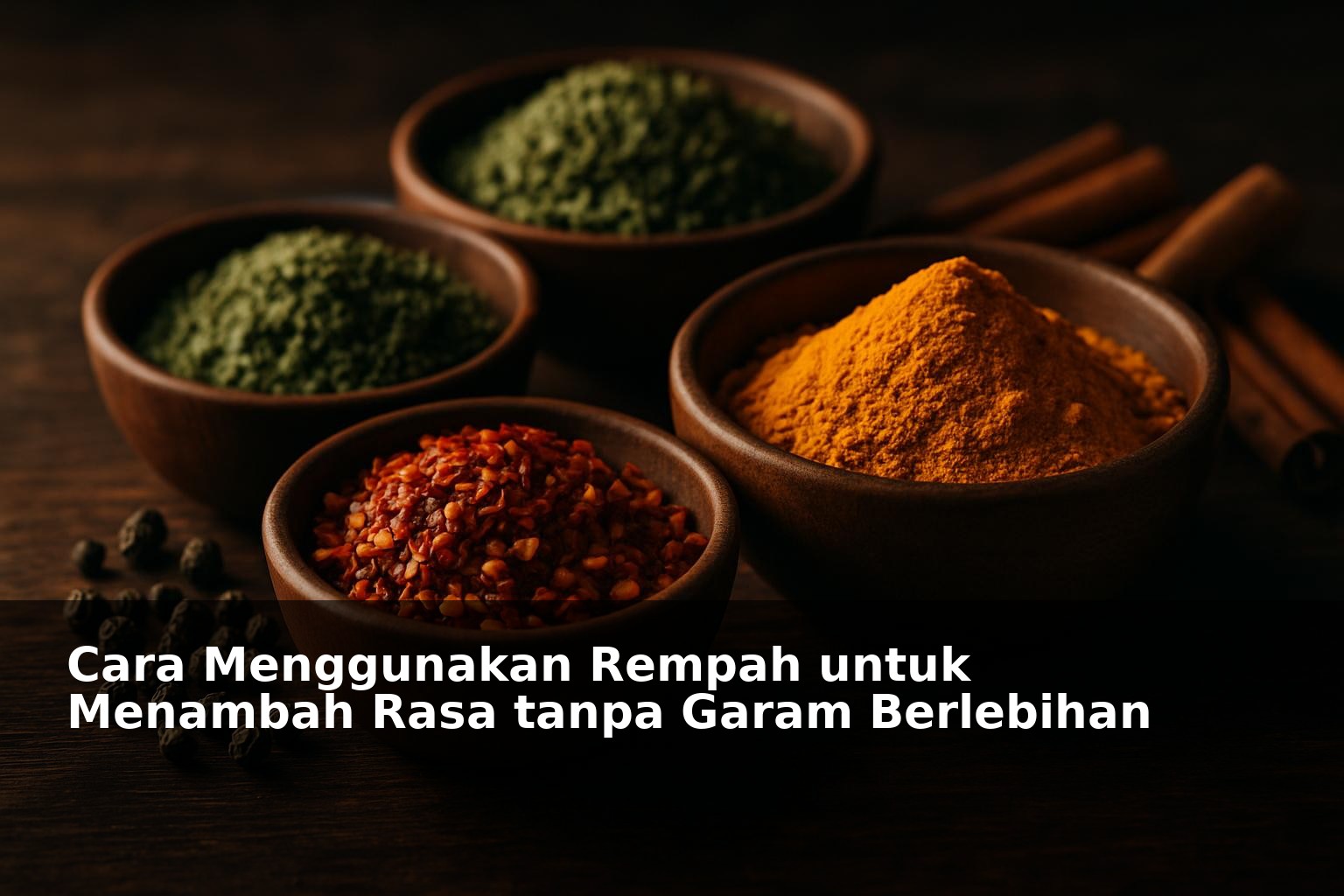 Bumbu rempah alami dalam mangkuk kayu untuk menambah rasa masakan tanpa garam