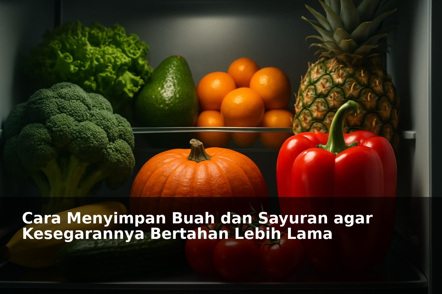 Buah dan sayuran segar tersusun rapi di dalam kulkas