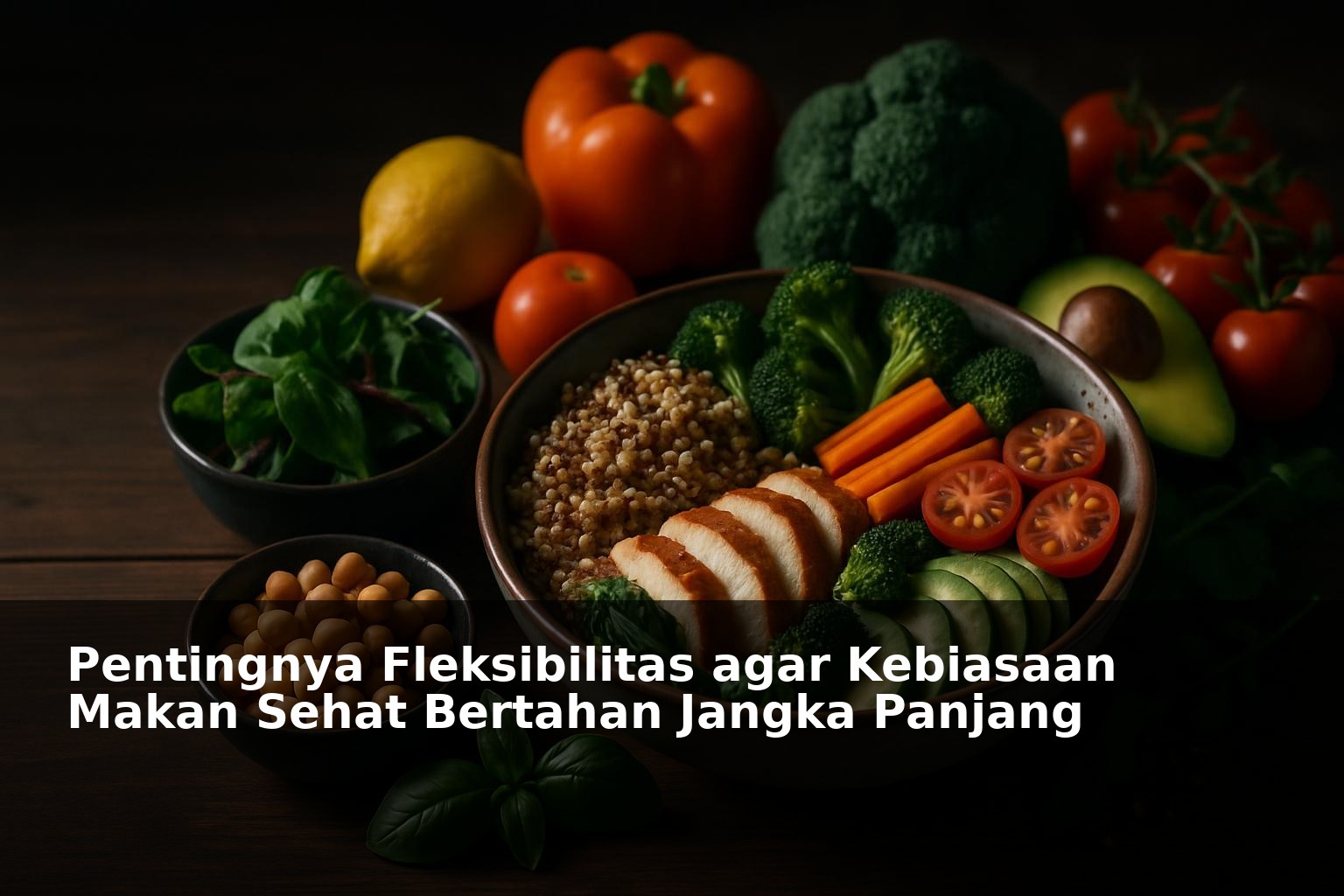 Ilustrasi makanan sehat dan fleksibel dengan berbagai pilihan menu di atas meja