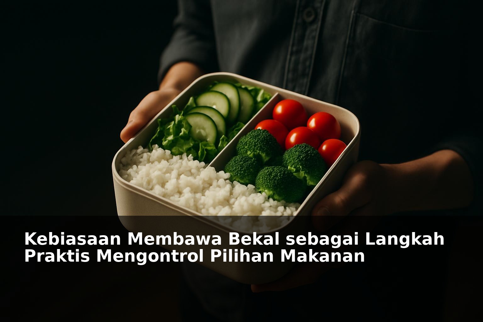 Orang membawa kotak bekal makanan sehat berisi sayuran dan nasi