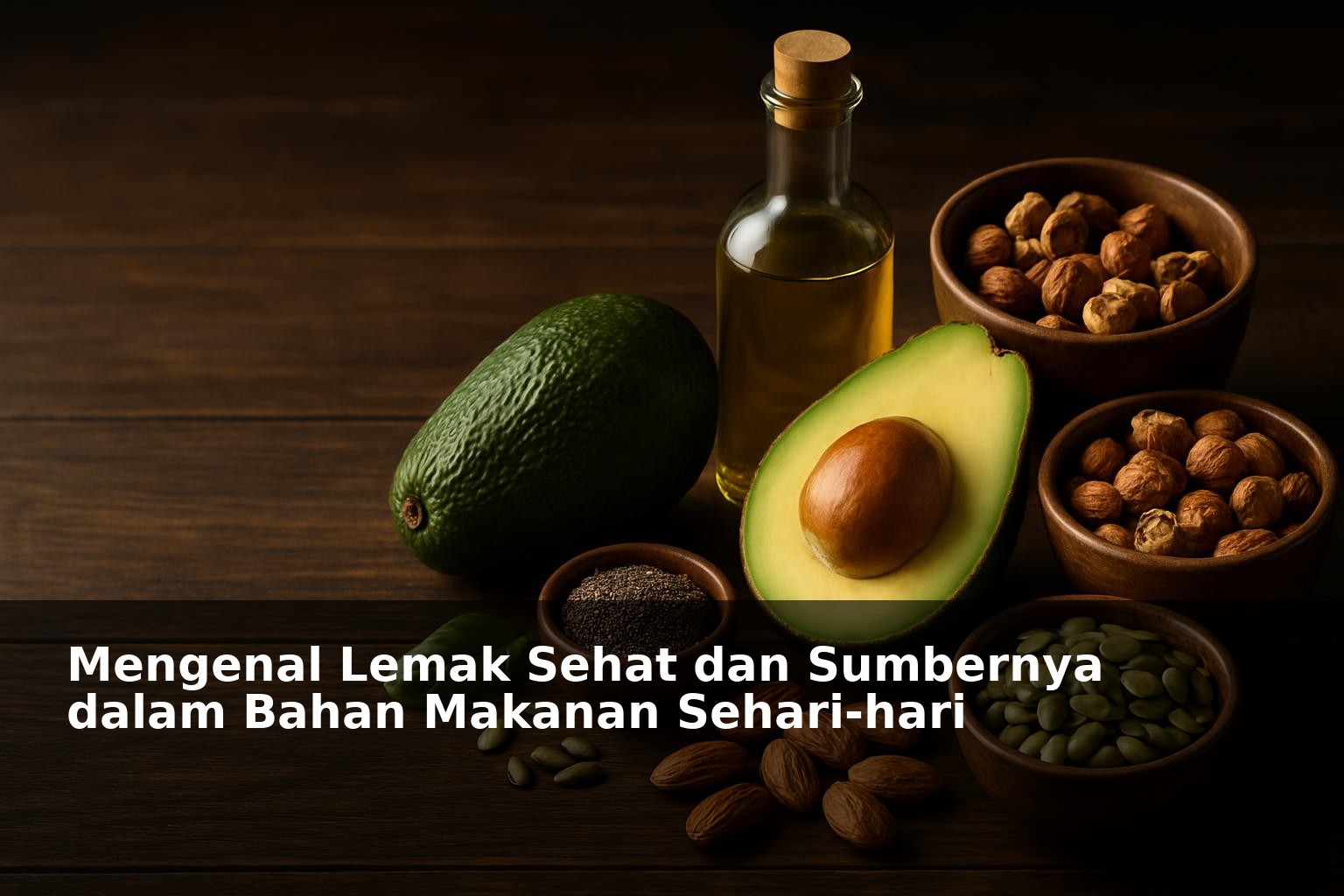 Ilustrasi berbagai bahan makanan kaya lemak sehat di atas meja kayu
