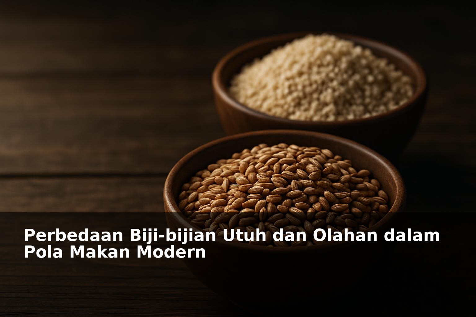 Perbandingan biji-bijian utuh dan olahan dalam mangkuk kayu di atas meja kayu