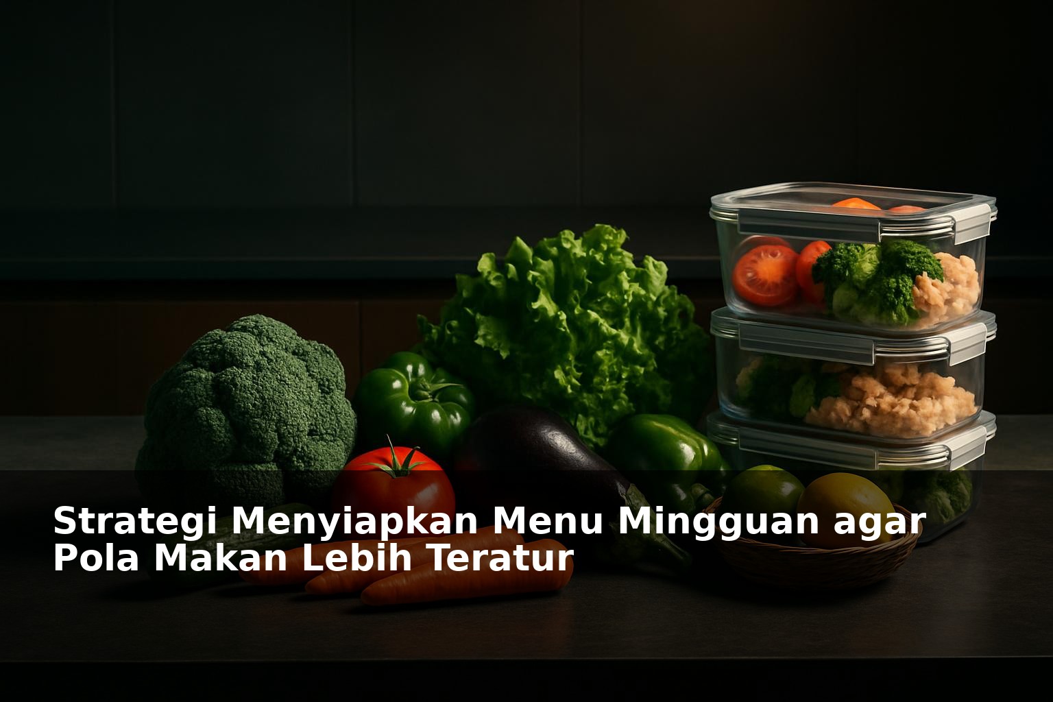 Ilustrasi menu mingguan dengan bahan makanan segar dan terorganisir di meja dapur